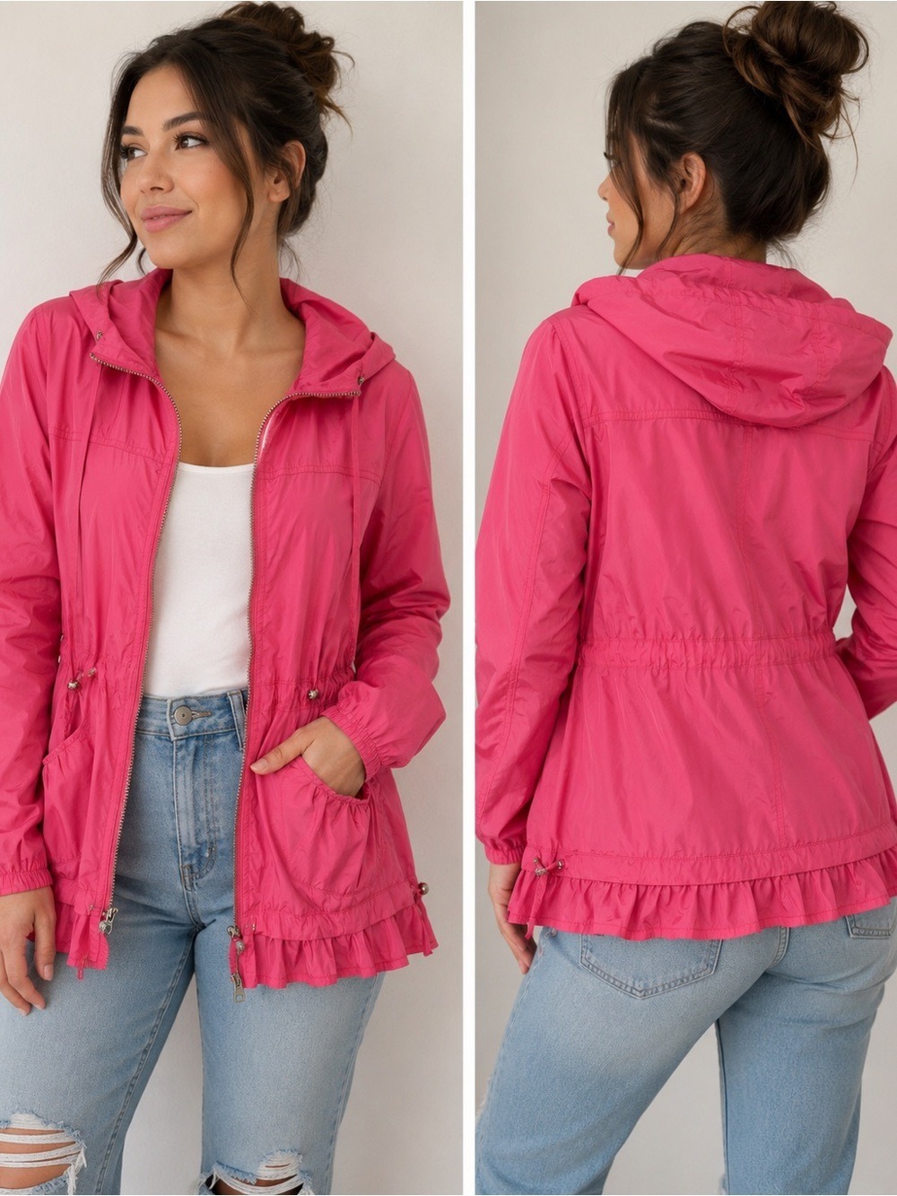 Betsey Johnson Pink Hooded Windbreaker Jacket Size M Lightweight Ruffle Hem